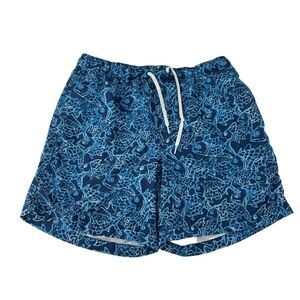 Blue Swim Trunks Mens Size Medium Lined Fish Pattern Beach Wear Ocean Coast Fun